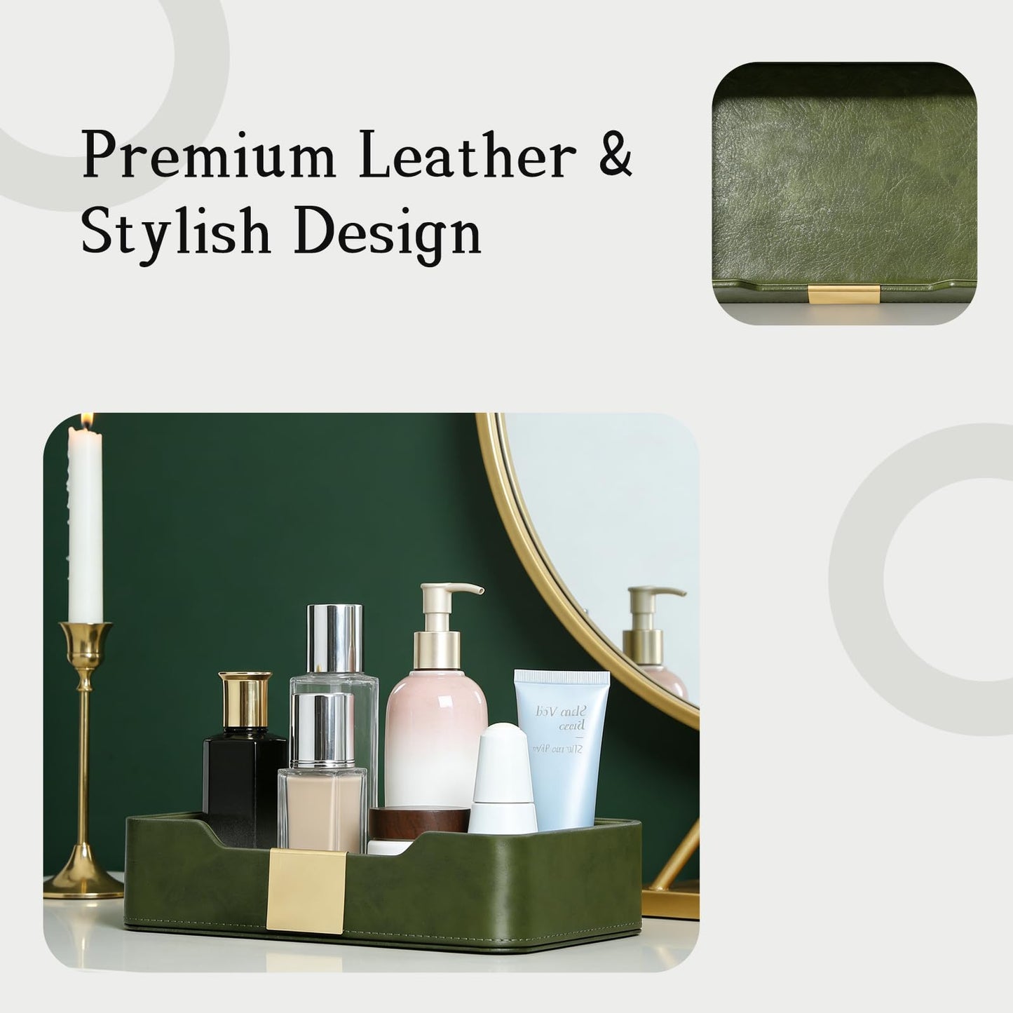 HPZIHYNAP Green Luxury Leather Jewelry Tray - Stylish Desk Accessories & Nightstand Organizer for Holding Jewelry, Watch, Keys, Phone & Wallet (Entryway/Desktop Decor)