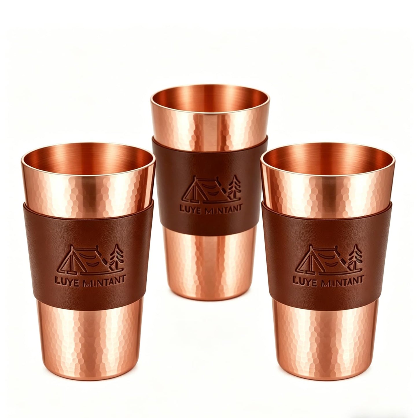 13.5 oz Copper Cups - Hammered Ayurvedic Pure Copper Drinking Cups with Heat-Resistant Leather Sleeves - Promote Detoxification and Maintain Health, Suitable for Yoga, Meditation or Camping. (3)