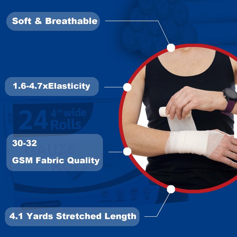 KIWAEZS 24 Pack Gauze Rolls Bandages 4 ” x 4.1 yd Premium Quality Lint and Latex-Free Conforming Stretch Designed for Wound Care for Wound Dressing Support(Ideal for Home and car First aid Kits)