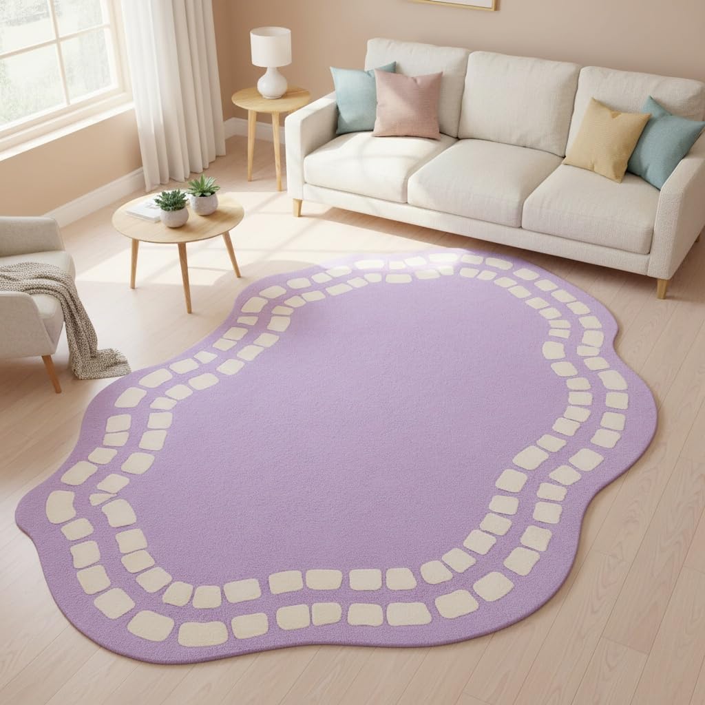 Irregular Shaped Rug 3x5 Minimalist Washable Non-Slip Area Rugs for Living Room Dining Room Bedroom Ultra Soft Faux Wool Nursery Playroom Carpet Lavender Purple Irregular Wavy Edge Throw Mat