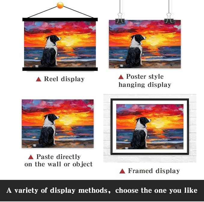Yesad Dog Wall Art, Border Collie Painting Sunset Beach Canvas Print Impressionist Artwork Colorful Poster Pictures Gift for Dog Lover Wall Décor for Living Room Bedroom (Unframed,24”x16”, Dog1)