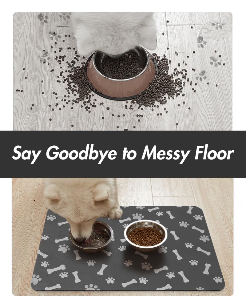 MontVoo Dog Food Mat-Pet Feeding Mat for Food and Water-No Stains Quick Dry Dispenser Cat Bowl Mat for Messy Drinkers(12"x19" Dark Grey)