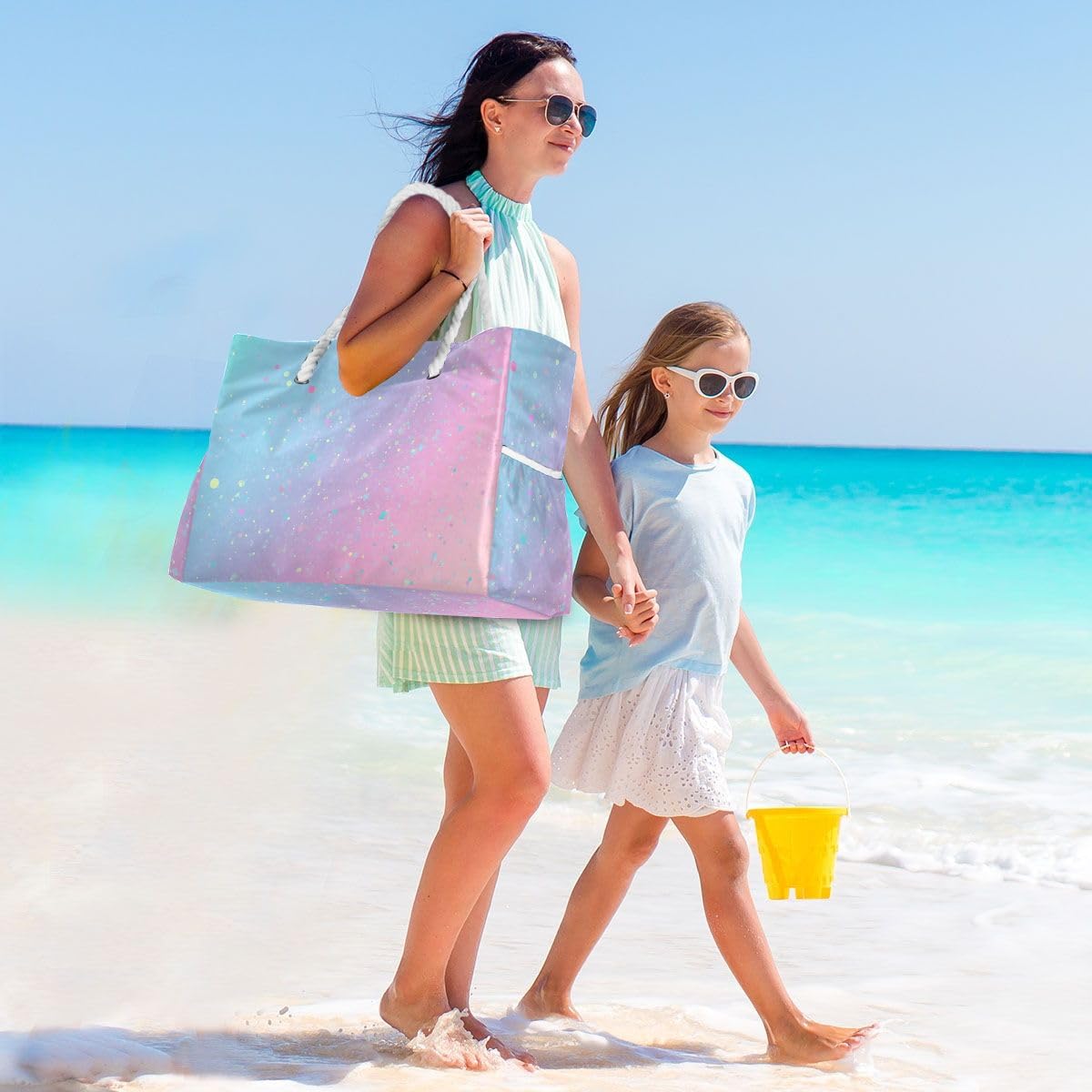 Women Large Beach Bag Unicorn Background with Rainbow Travel Tote Bags for Gym Sport Shoulder Bag