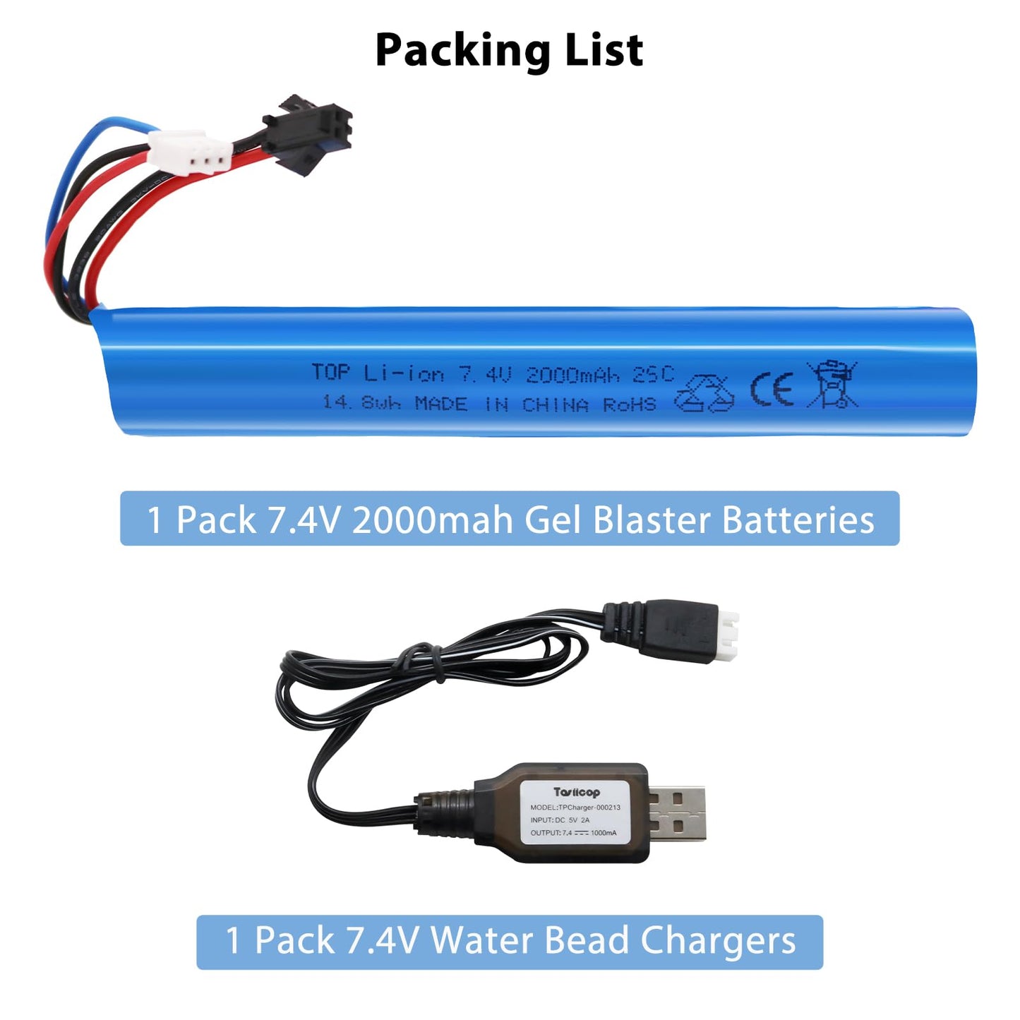 Tosiicop Airsoft Gel Blaster Battery - 7.4V 2000mAh LiPo Batteries for Splatter Ball Accessories SRB400 SRB1200 SRB400-SUB Water Bead MP5K M4 M110 with SM-2P Plug Rechargeable Charging Cable