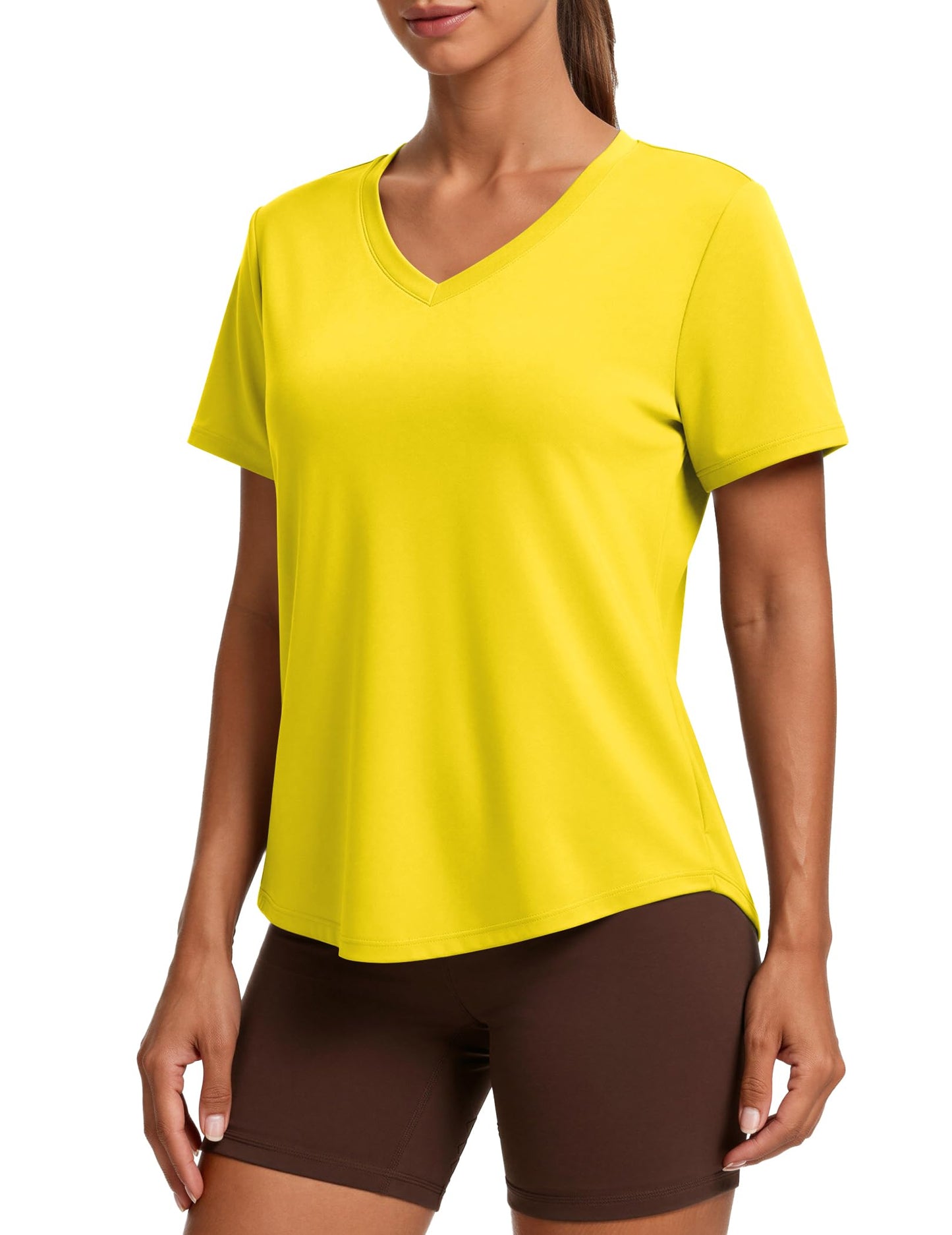 PINSPARK Womens Hiking Shirts Short Sleeve V Neck UPF 50 Sun Protection Moisture Wicking Quick Dry Outdoor Athletic Tops,Yellow Large