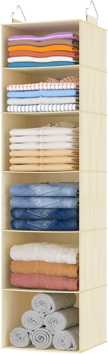 Lifewit 6 Tier Hanging Closet Organizer and Storage for Shelves, 1 Pack Foldable Clothes Shelf with 2 Sturdy Hooks, Sweater/Coat/Shoes Clothing Organization for Wardrobe, Dorm, Bedroom, Beige