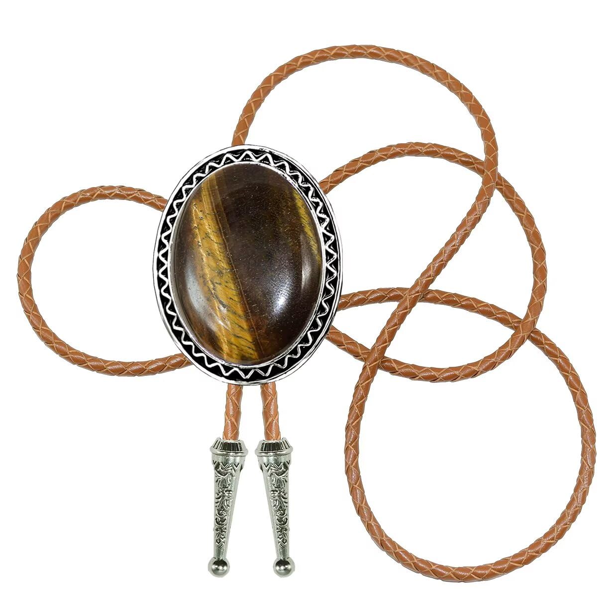 Moranse Bolo Tie with Natural Tiger Eye Stone Celtic Style Genuine and Colored Cowhide Rope