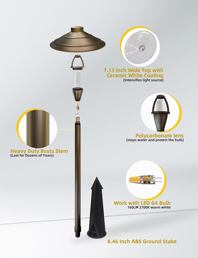 COLOER Brass Low Voltage Walkway Lights for Outside Bronze Finish 2-Pack with LED G4 Bulb,9-17V AC/DC 2W 2700K Warm White Outdoor Landscape Path Lights for Garden,Yard,Sidewalk or Driveway(601B)