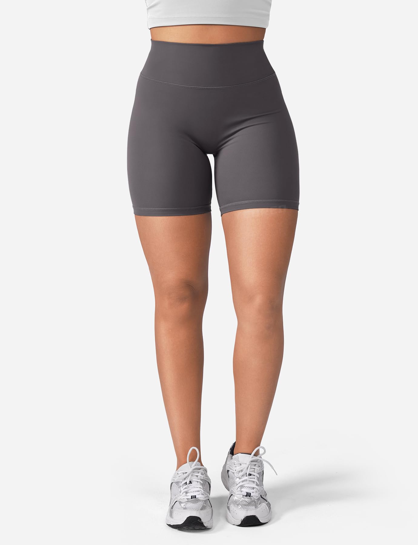 YEOREO Women's Biker Shorts 4.5" / 6" Workout Gym Shorts Craze High Waist Tummy Control Hidden Scrunch Running Yoga Dark Grey M