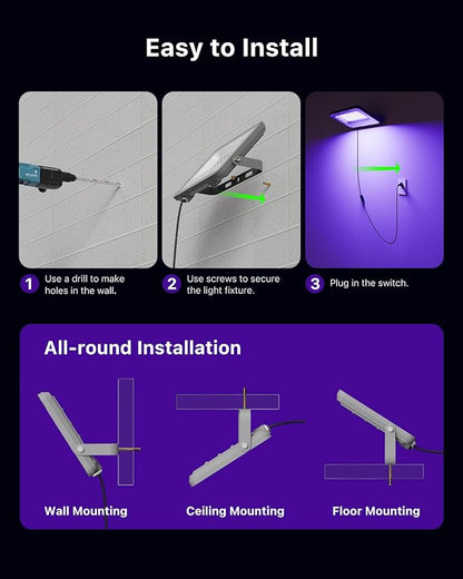 4 Pack 50W Halloween Blacklight Flood Lights Wired 120V IP66 Waterproof UV Led Black Lights for Holiday Decor, Skeleton, Bat, Witch, Body Paint, Glow Party, Purple Ambiance Lighting for Wall, Yard
