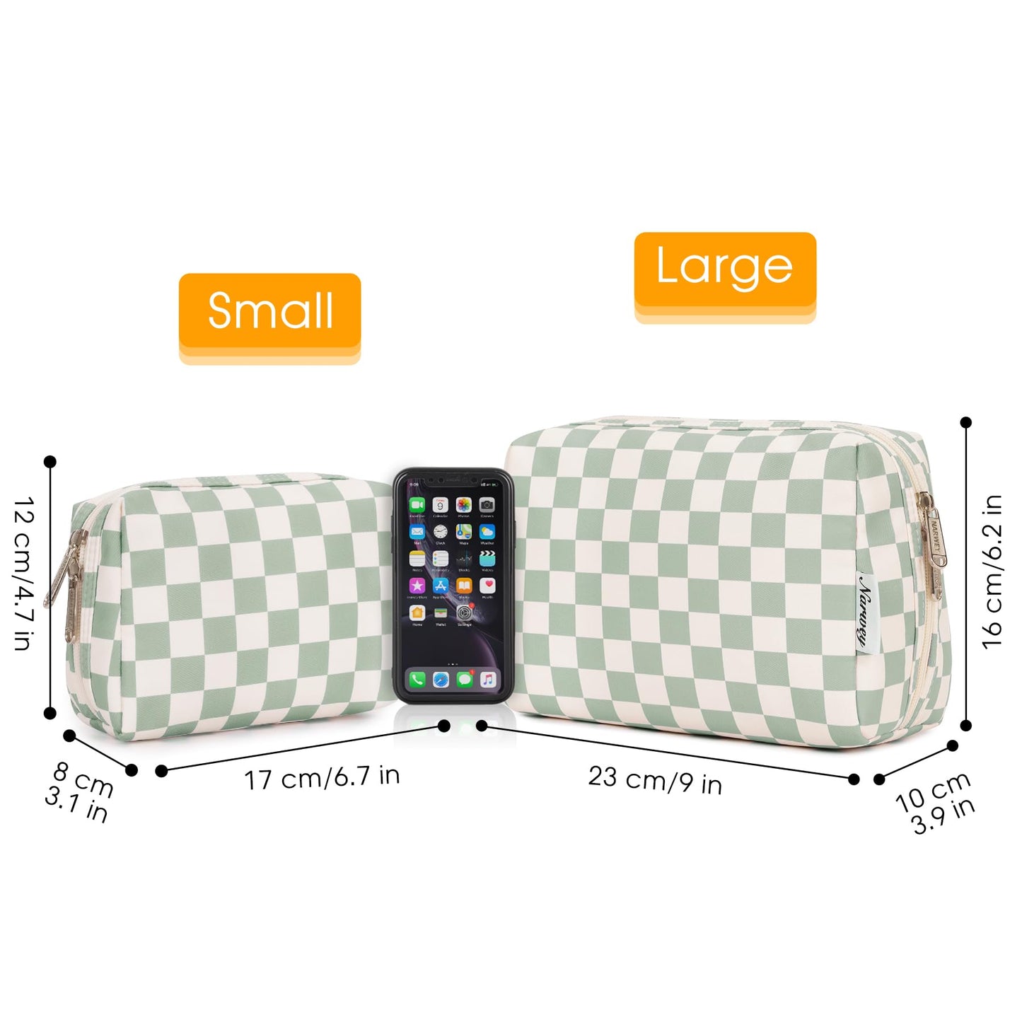 Narwey Small Checkered Makeup Bag for Purse Mini Cosmetic Bag Travel Makeup Pouch Zipper Pouch Cute Make up Bags with Compartments for Women Girls (Mint Green Checkerboard, Small)