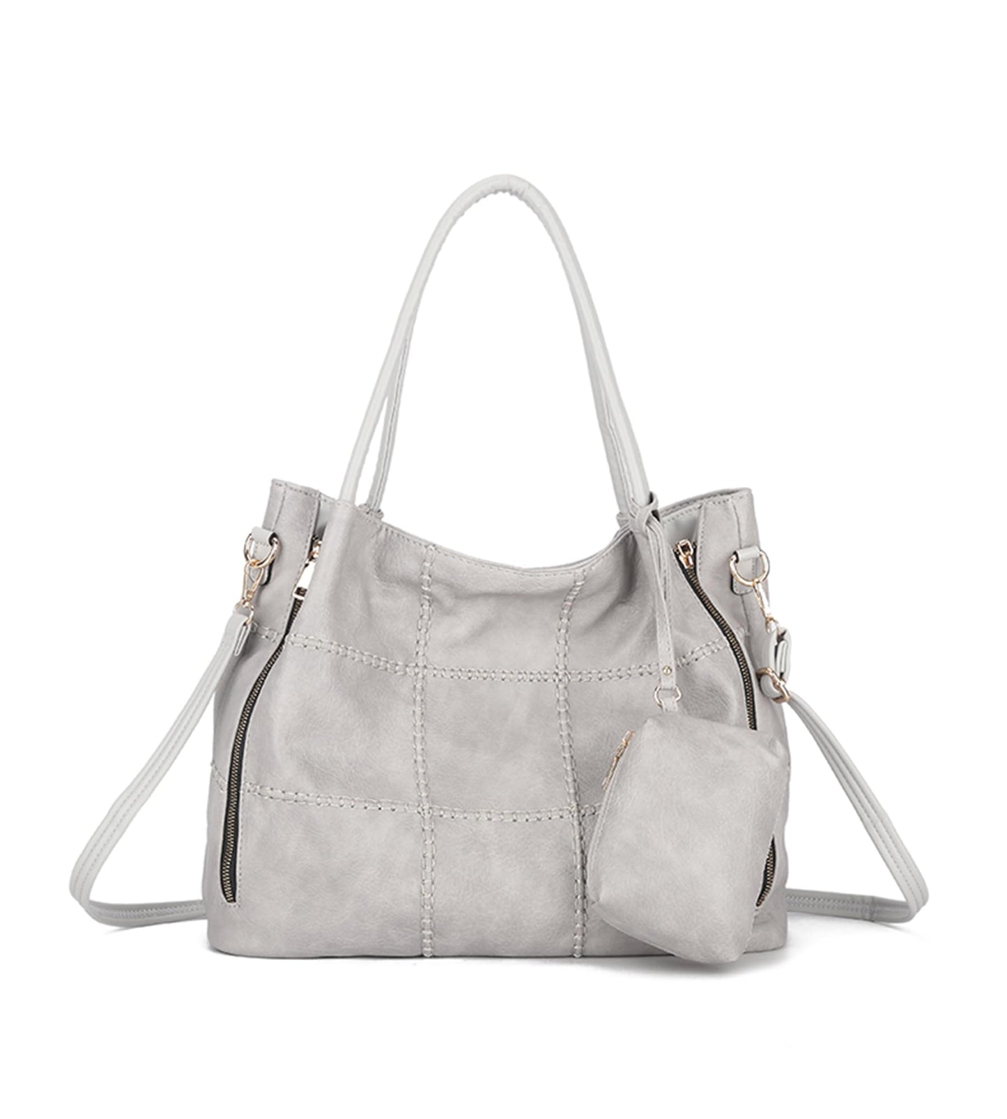 myfriday 2pcs Soft Faux Leather Tote Bag for Women Set, Slouchy Shoulder Handbag Vintage Top Handle Purse with Coin Purse (Grey)