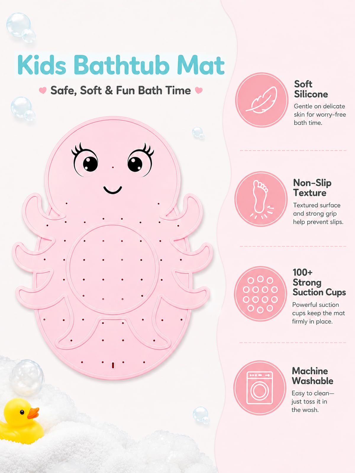 Zuplo Kids Bathtub Mat Non Slip, Soft Silicone Octopus Baby Bath Mat for Tub, Toddler Bath Mat with Large Suction Cups, Washable Anti Slip Shower Mat for Children, Smooth Tub Surface Only