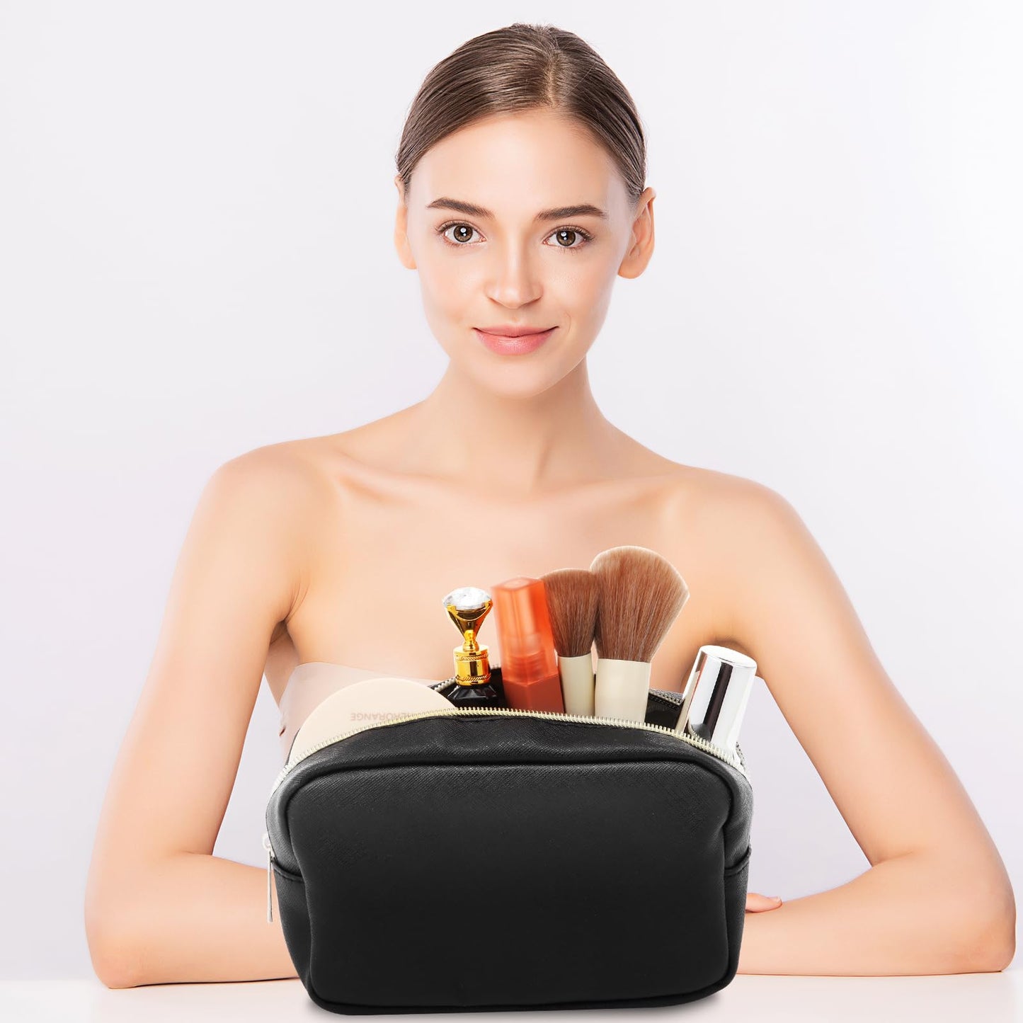 Sweetude 10 Pcs Makeup Bag Bulk for Women Preppy Gift PU Leather Cosmetic Bag Small Skincare Toiletry Pouch Wedding Travel Cosmetic Pouch for Bridesmaid Bride Mother Gift Favors (Black)