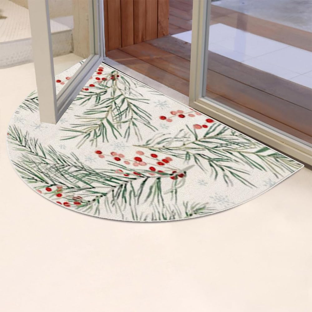 Mrcrypos Christmas Half Round Doormat Xmas Red Berries Non-Slip Semi Circle Area Rug Durable Half Moon Rugs Hearth Fireplace Rug for Living Room Bedroom Holiday Decor 16 x 24 Inch