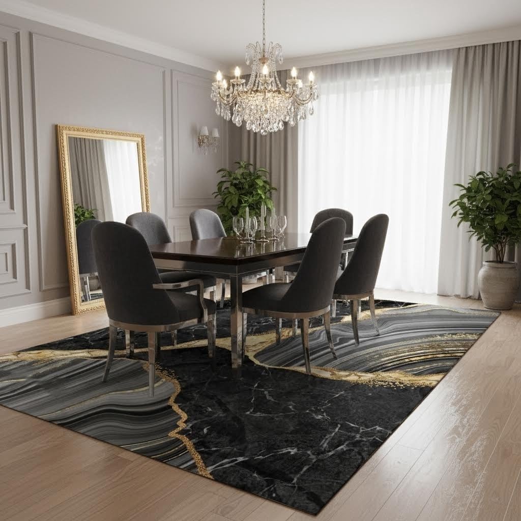 Black Gray Gold Cracked Marble Texture Area Rug 5x7 Modern Abstract Aesthetic Art Deco Machine Washable Rugs for Living Room Bedroom Guestroom Luxury Home Office Meetingroom Indoor Carpet Floor Mat