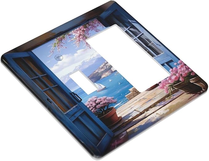 Decorative Art Light Switch Covers Seaside Window View 2 Gang Single Toggle Rocker Combination Electrical Faceplate Switchplate Wall Plate for Home Decor