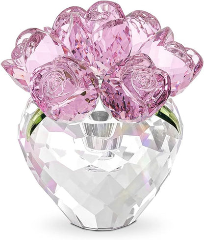 LONGWIN Crystal Rose Flower Figurines Collectible Glass Spring Bouquet with Vase Home Decor Romantic Gifts for Women Pink