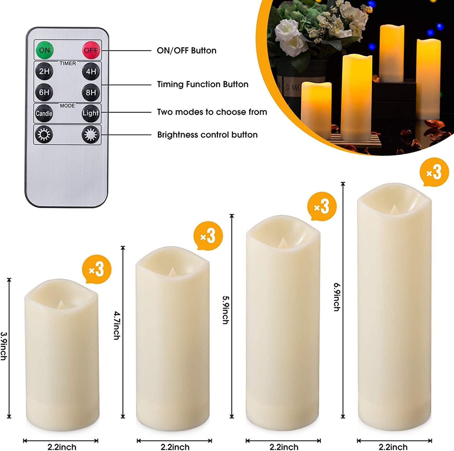 YOROXRG 12 Pack Flameless Candles Battery Operated Waterproof Led Candles (D:2.2" X H:4" 5" 6" 7") Candles with 2 Remotes Contro for Wedding, Party, Birthday