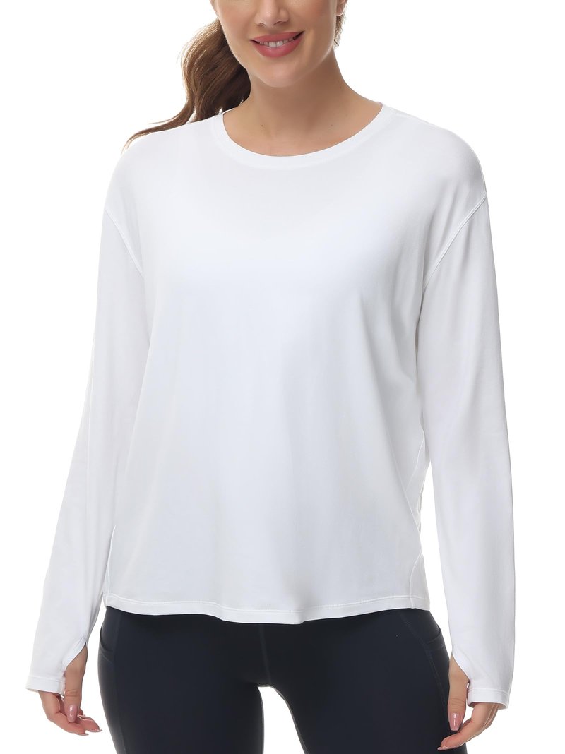 THE GYM PEOPLE Women's Long Sleeve Workout Shirts Back Loose Fit Running Tee Tops with Thumb Hole White