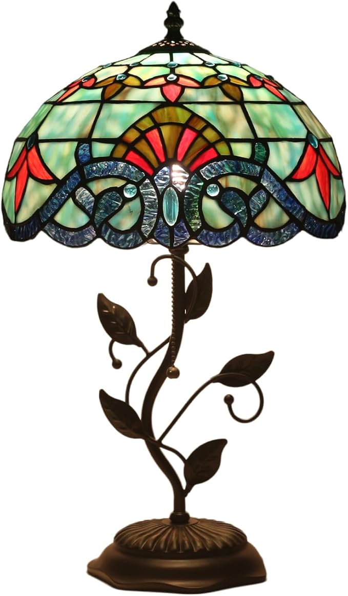 Tiffany Style Table Lamp Handmade Stained Glass Bedside Lamp 12x12x20 inch Metal Leaf Base,Art Glass Lamp for Living Room, Bedroom, Office Decor(Baroque)
