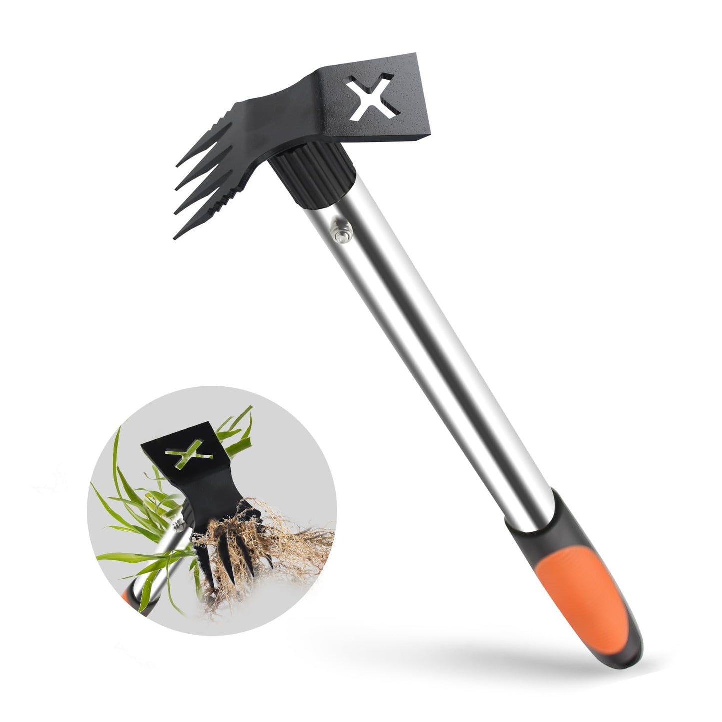 Upgraded 17" Weed Puller Tool, Portable Garden Weed Pulling Tool for Weeding Uprooting Planting, 2 in 1 Hoe & 4 Teeth Rake Manual Weeder, Durable Weed Remover Gardening Hand Tools for Yard Lawn Farm