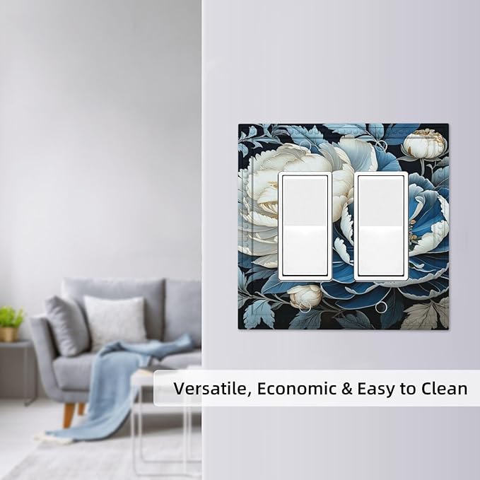 White Blue Flower Peonies Dual Outlet Covers Wall Plate 2 Gang Rocker Decora Decorative Switchplate Electrical Faceplate GFCI Light Switch Covers for Farmhouse Living Decor