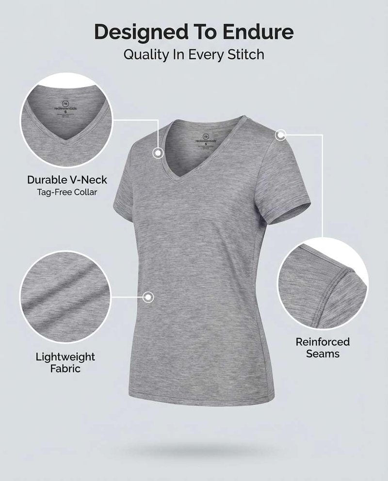 Real Essentials 5 Pack: Women's Dry-Fit Short Sleeve V Neck T Shirt Workout Fitness Yoga Top Tee, Set 5, XL