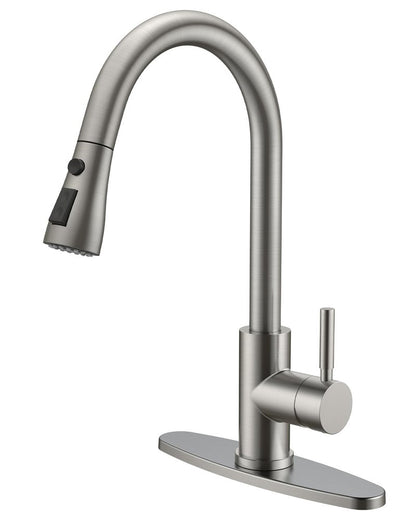 QFN Kitchen Faucet with Pull Down Sprayer Brushed Nickel, High Arc Single Handle Single Level Stainless Steel Pull Out Sink Faucet for Farmouse Camper RV Bar, Fit for 1 or 3 Hole