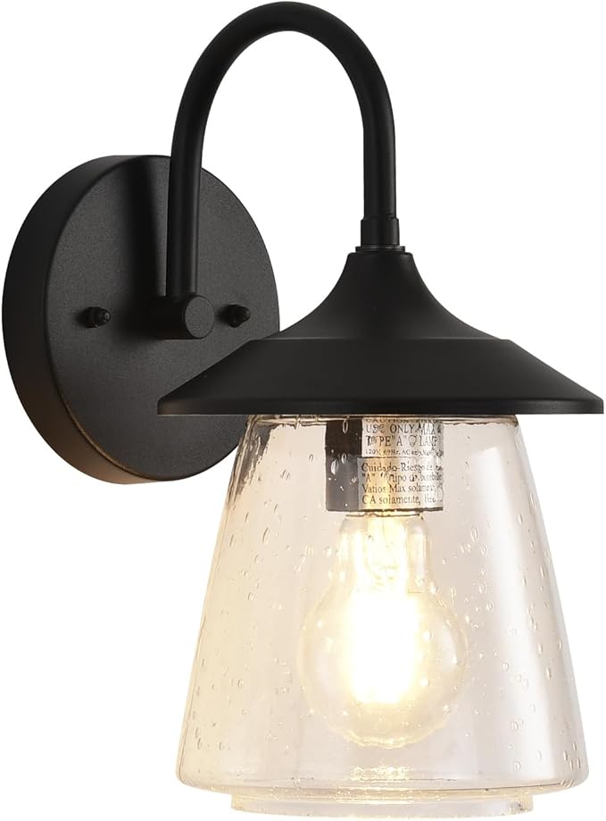 Outdoor Wall Sconce, Exterior Waterproof Wall Light Fixture, Outside Porch Light with Bubble Glass Shade, Matte Black Outdoor Wall Lantern for Patio, Garage, entryway, 2-Pack