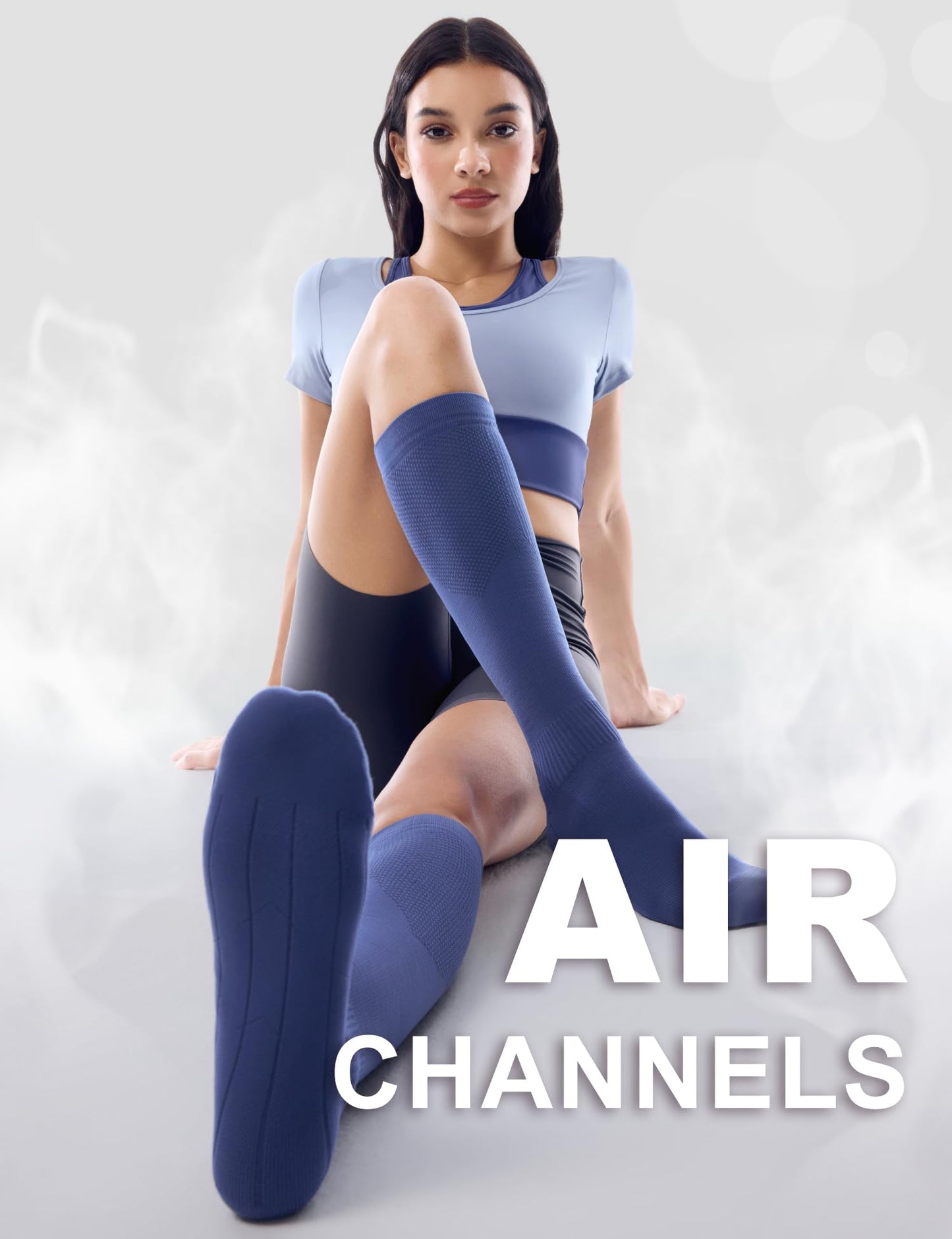 FITRELL 3 Pairs Compression Socks for Women and Men 20-30mmHg- Muscle Support Socks for Travel, Running, Nurse, Knee High, Black+Light Blue+Dark Blue L/XL