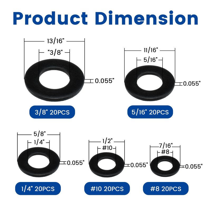 ZIUZI 100 Pcs 5 Sizes Washers Assortment Kit, Black 304 Stainless Flat Washers for Screws and Bolts, Metal Washers Kit for Home and Industrial Use (#8#10 1/4 5/16 3/8)