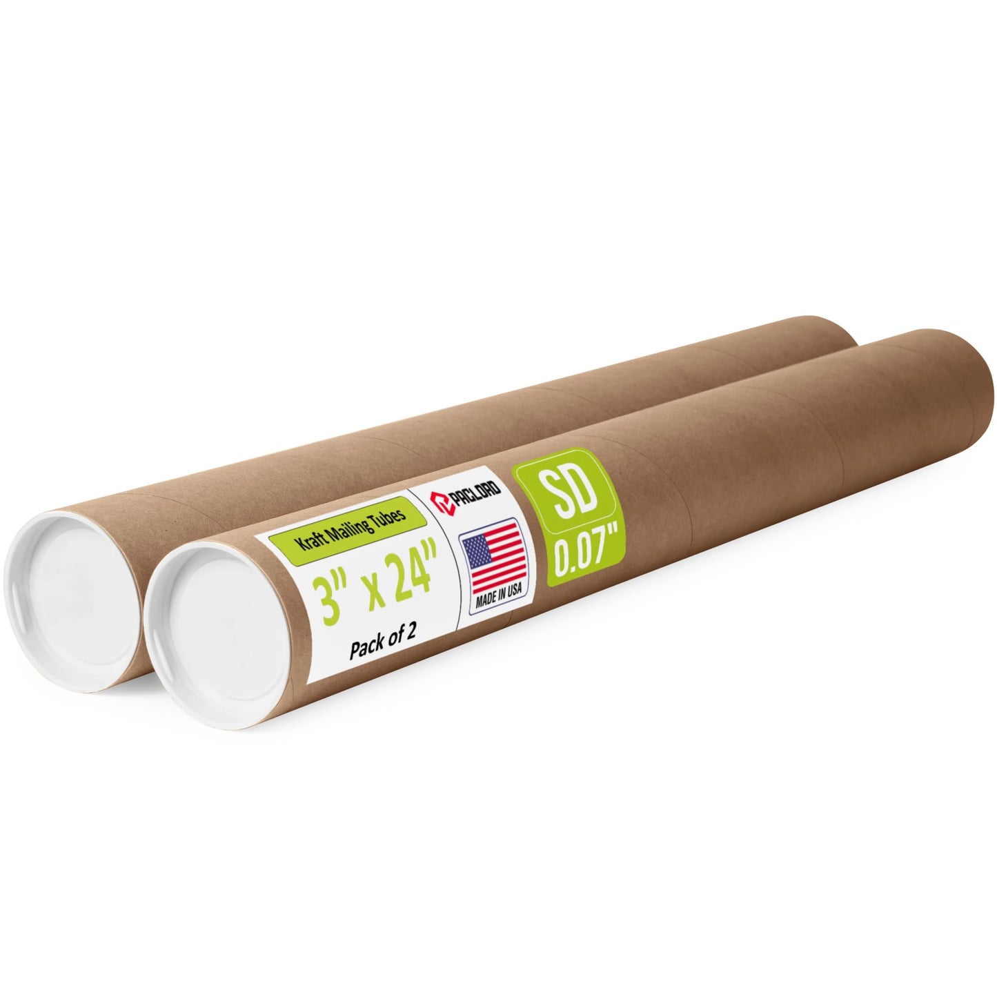 3" x 24" Reinforced Kraft Paper Mailing Tube, Pack of 2 Tubes with 4 Caps – Secure USPS Approved Poster Tube – Made in USA Cardboard Tube for Shipping and Storing Posters, Prints, Artwork
