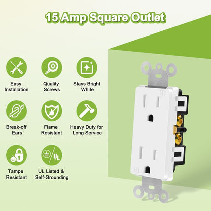 Outlet Plug,Greencycle 110V Plug Replacement,20PK 15Amp Tamper Resistant,5-15R,3 Wire Square Outlet Wall Plug,Residential Commercial Grade,Ultra-Slim,Heavy Duty,Self-Grounding,UL/Cul