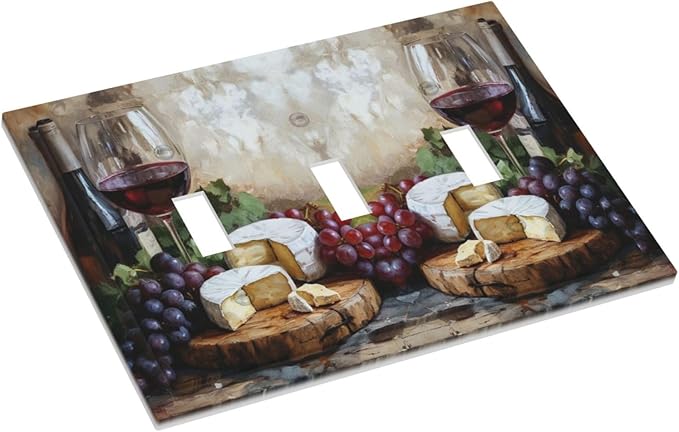 Decorative Art Light Switch Covers Wineglass & Artisanal Cheeses 3 Gang Triple Toggle Wall Plate Decorative Switch plate Electrical Faceplate for Home Decor