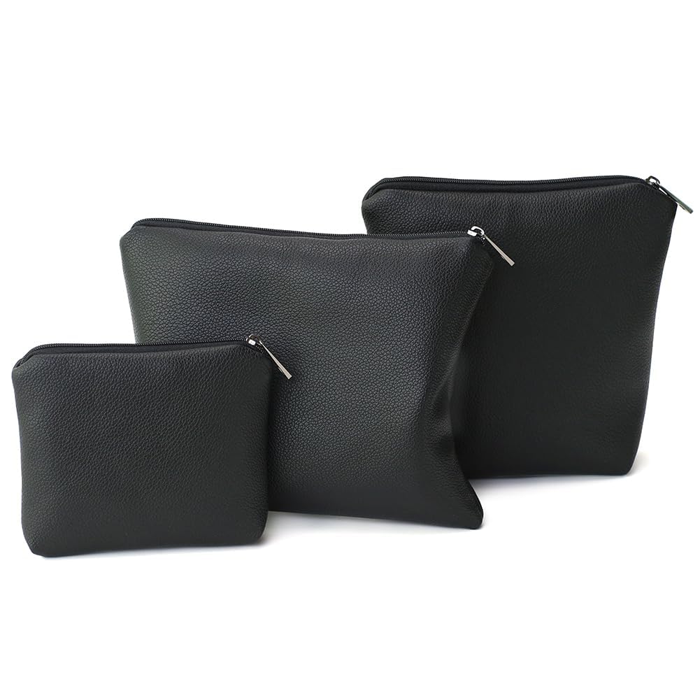 BBORGDC Small Cosmetic Bag Set of 3 for Purse, Black PVC Leather Cosmetic Pouches, 3 Sizes Zipper Organizer for Travel & Toiletries, Daily Bag Organizer, Gift for Women