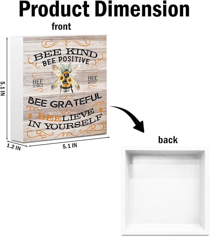 Inspirational Bee Decorations Wooden Box Sign, Vintage Bee Decor, Rustic Farmhouse Home Living Room Desk Table Shelf Decor Decorations, Motivational Positive Affirmations Wood Block Plaque