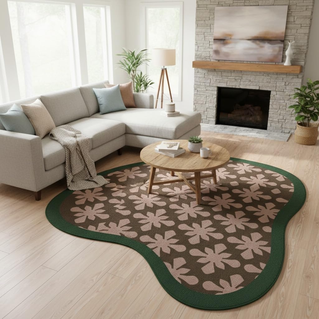 Irregular Shaped Area Rug Unique Aesthetic Green Brown Floral Pattern Rug for Bedroom Livingroom Hallway Entryway Minimalist Mid Century Carpet 3ft Washable No Slip Diningroom Kitchen Floor Rug