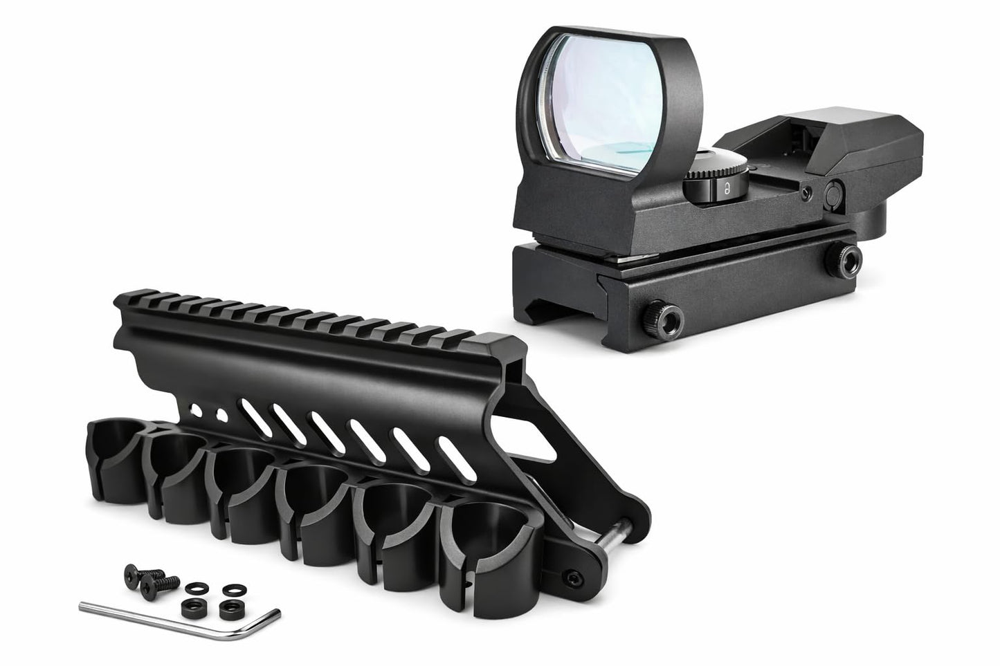Combo of 2 | Side Saddle Shutgun Shell Holder V2 & Reflex Sight Red Green Reticles with Weaver Picatinny Rail Mount, Compatible with Mossberg 500/590/Shockwave Series Shutguns