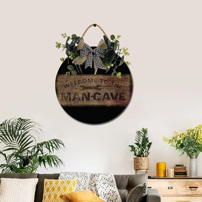 Welcome To The Mancave Front Door Sign Funny Wreaths Hanging Wooden Plaque Decoration Round Rustic Wood Farmhouse Porch Decor for Home Front Door Decor, 11 x 11 Inch