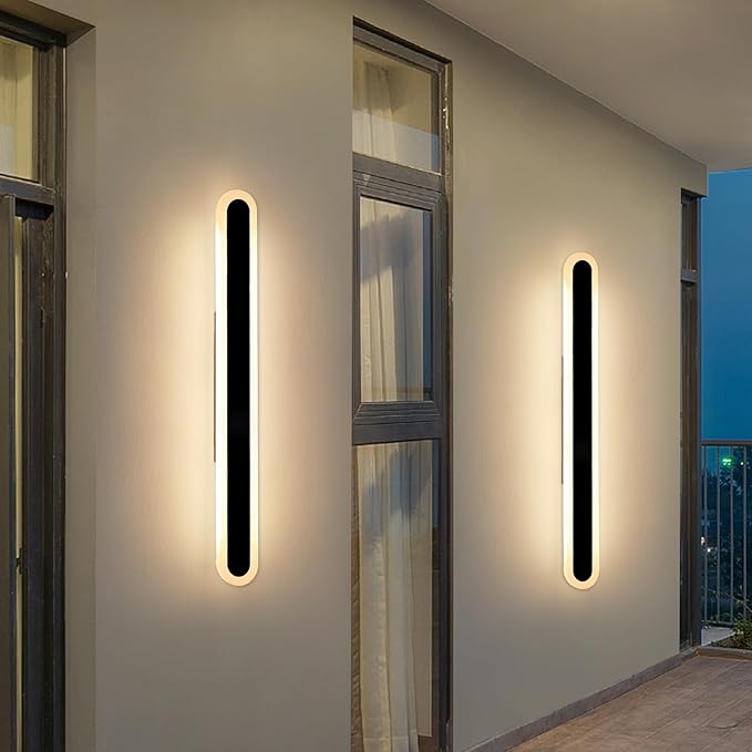 2 Pack 39.3inch Modern Outdoor Wall Light Fixture, IP65 Waterproof Oval LED Wall Mounted Sconce, 3000K Warm White, 36W, Black Strip Exterior Lighting for House, Backyard, Garden, Garage