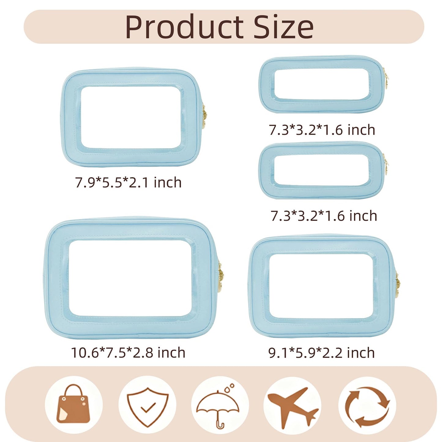 5PCS Diaper Bag Organizer Pouch Set, Clear Organizer Bags, TSA Approved Toiletry Bag, Clear Waterproof Cosmetic Bags with Zipper, Purse Organizer Pouches, Travel Organizer Bags for Woman and Kids Blue