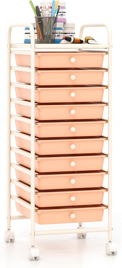 Giantex 10-Drawer Storage Cart w/Universal Wheel, Rolling Cart w/Handle, Home Organizer Storage Unit w/Removable Drawers, Trolley Utility Cart for Kitchen Makeup Living Room Office Play Room