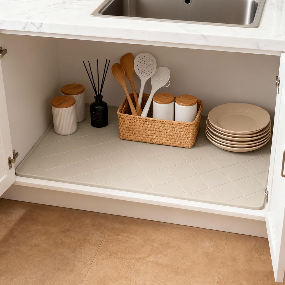 HDFAZHM 34" x 22" Under Sink Liner and Protector for Bottom of Kitchen Sink Beige, Waterproof Under-Sink Organizers Sink Mat Protectors, Flexible Silicone Drip Tray Pet Food Mats
