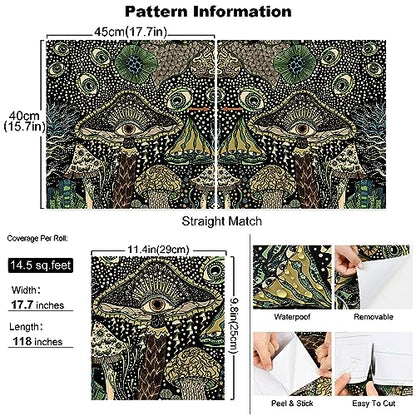 WENMER Peel and Stick Floral Boho Mushroom Wallpaper - Self Adhesive Contact Paper for Bedroom Bathroom 17.7in x 9.8ft