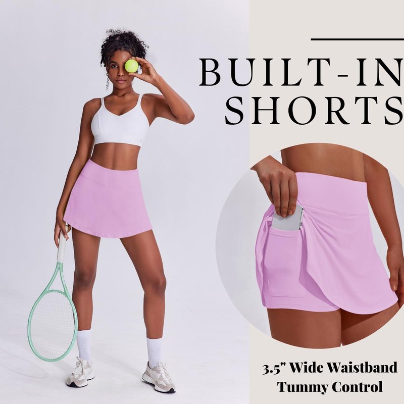 PINSPARK Tennis Skirts for Women UPF 50+ Golf Skirt Lightweight Athletic Skort with Pockets Flowy Pickleball Skorts, Light Pink Small