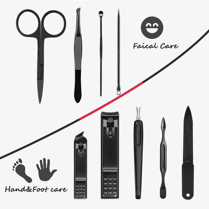 Manicure Set 9 in 1 Stainless Steel, Nail Clippers Scissors Pedicure Tools Kit - Portable Travel Grooming Kit for Men and Women with Black/Blue Leather Case (Blue)