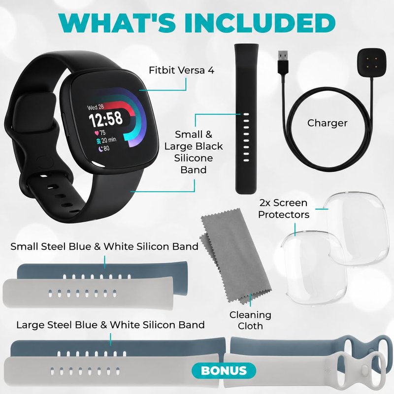 Fitbit Versa 4 Smartwatch (Bundle) – GPS Fitness Tracker, 40+ Exercise Modes, Heart Rate, Sleep, Workout for Android & iPhone + Fast Charger, 2 Silicone Bands, Protection Shields, Cleaning Cloth