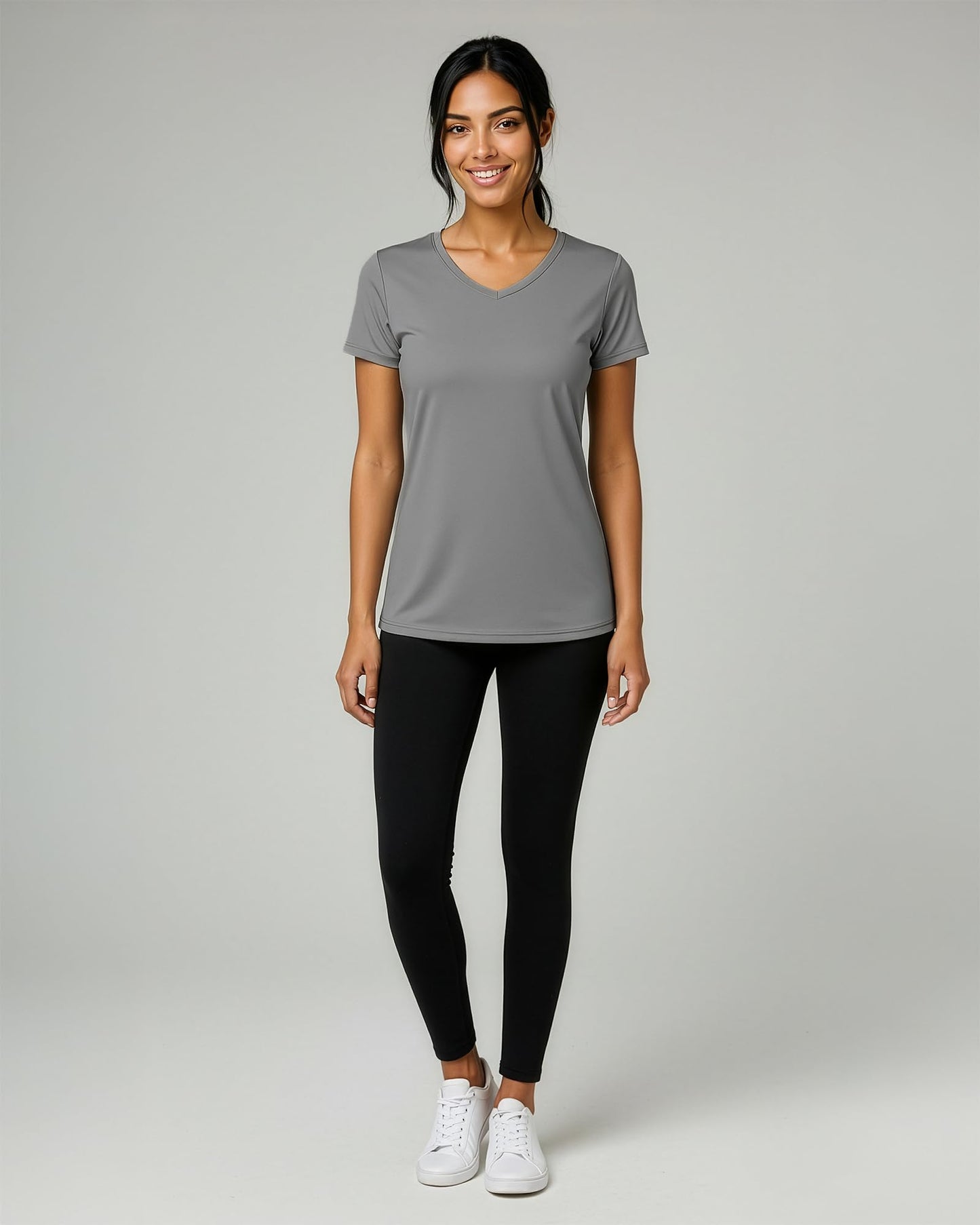 Real Essentials 5 Pack: Women's Dry-Fit Short Sleeve V Neck T Shirt Workout Fitness Yoga Top Tee, Set 10, M