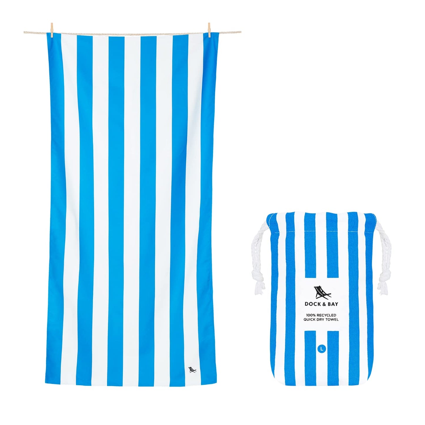 Dock & Bay Beach Towel - Quick Dry, Sand Free - Compact, Lightweight - 100% Recycled - Includes Bag - Cabana - Bondi Blue - Extra Large (200x90cm, 78x35)